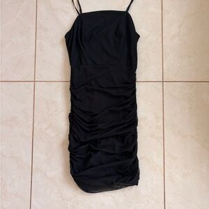 Black Ruched Spaghetti Strap Mini Dress